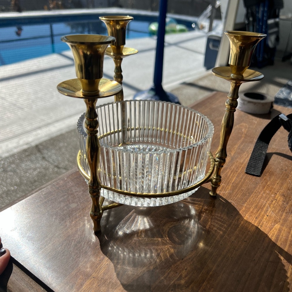 Vintage Teleflora Brass Trio candle holder with bowl.